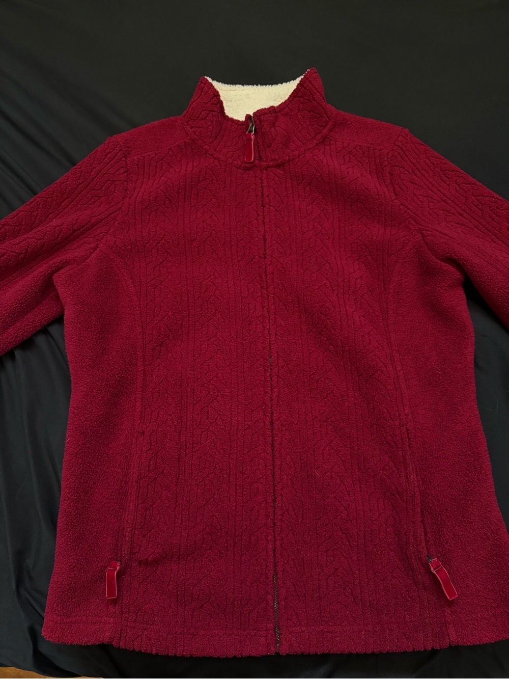 L.L. Bean Women's Deep Red Zip-Up Part Fleeced lined Sweater Plaid Lining